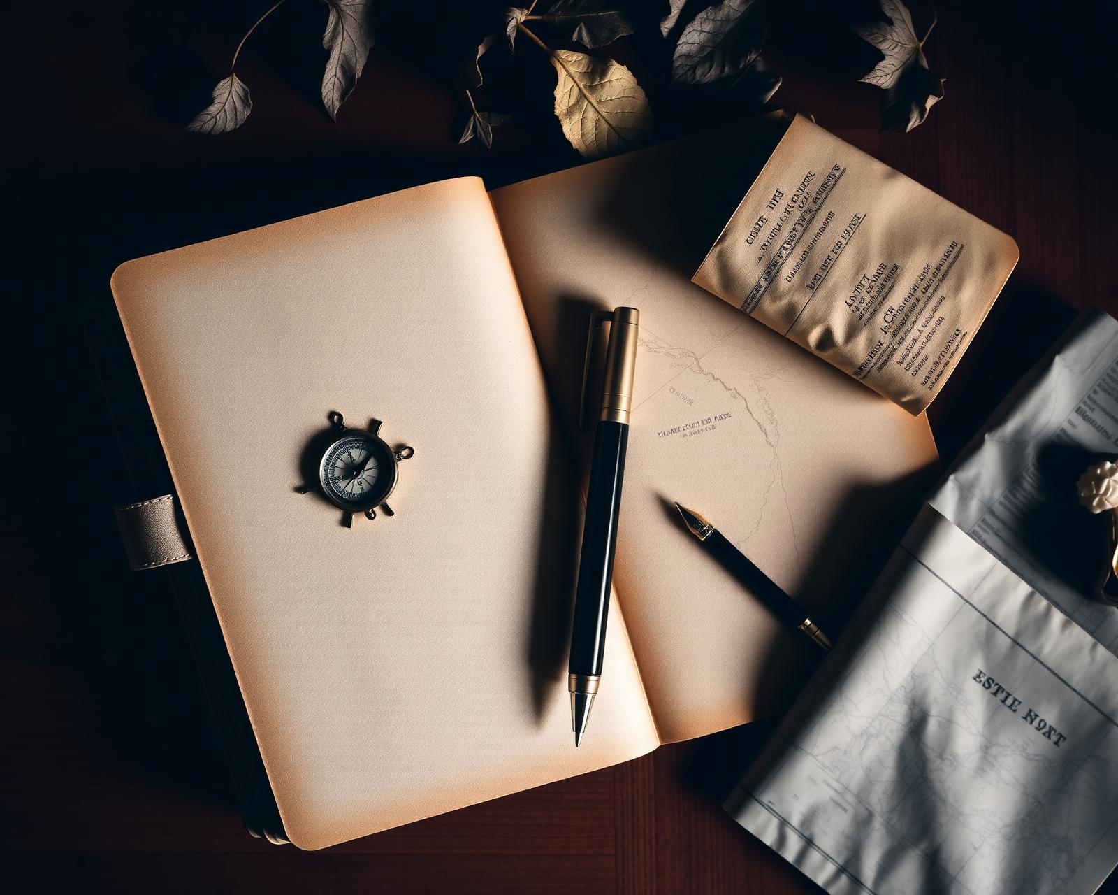 Travel journal, brass compass and folded map on a wood desk