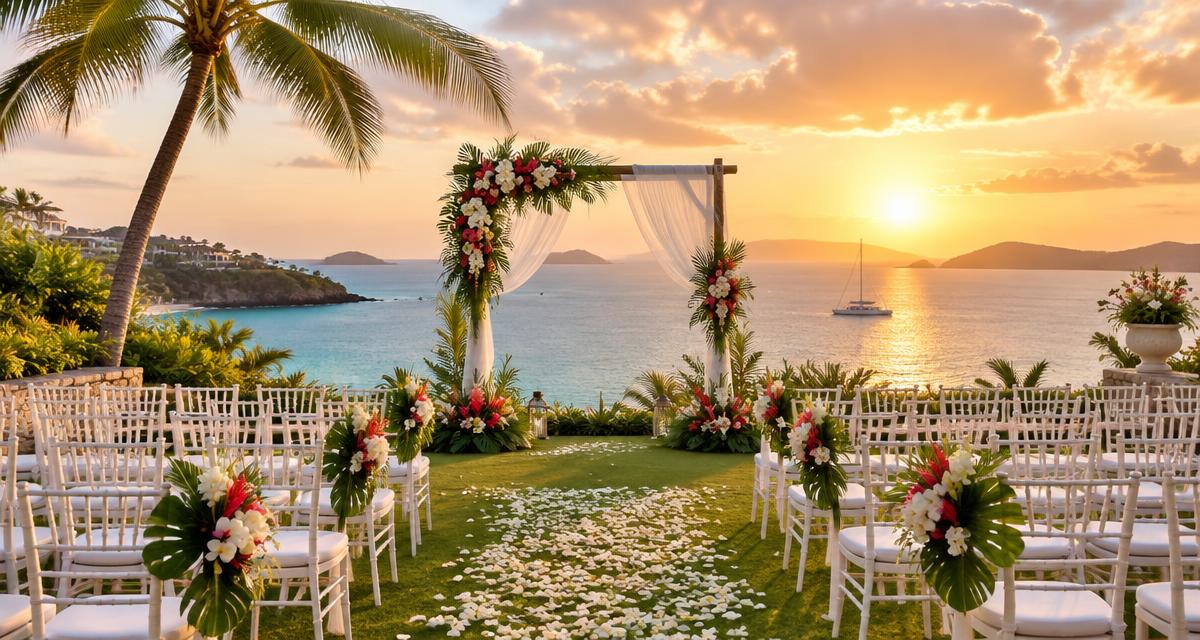 A destination wedding setup at a luxury resort overlooking the ocean at golden hour